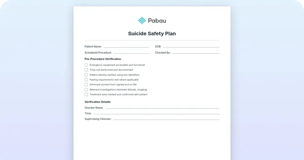 Suicide safety plan template preview from Pabau