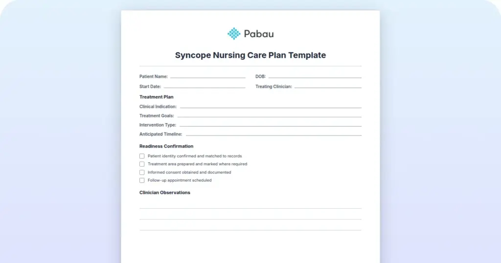 Syncope Nursing Care Plan Template preview from Pabau