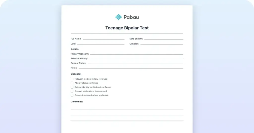 Teenage bipolar test preview from Pabau
