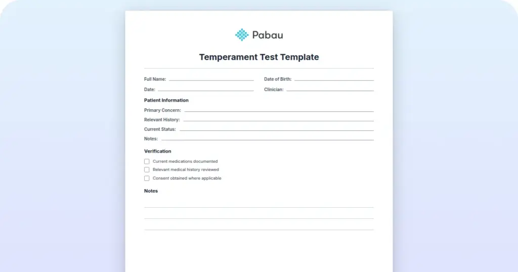 Temperament Test Template preview from Pabau