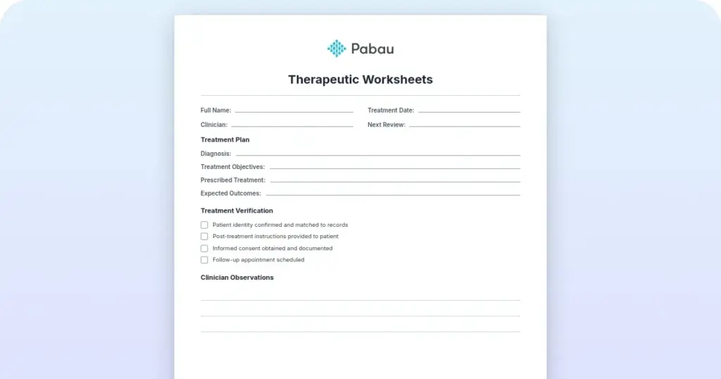 Therapeutic worksheets preview from Pabau
