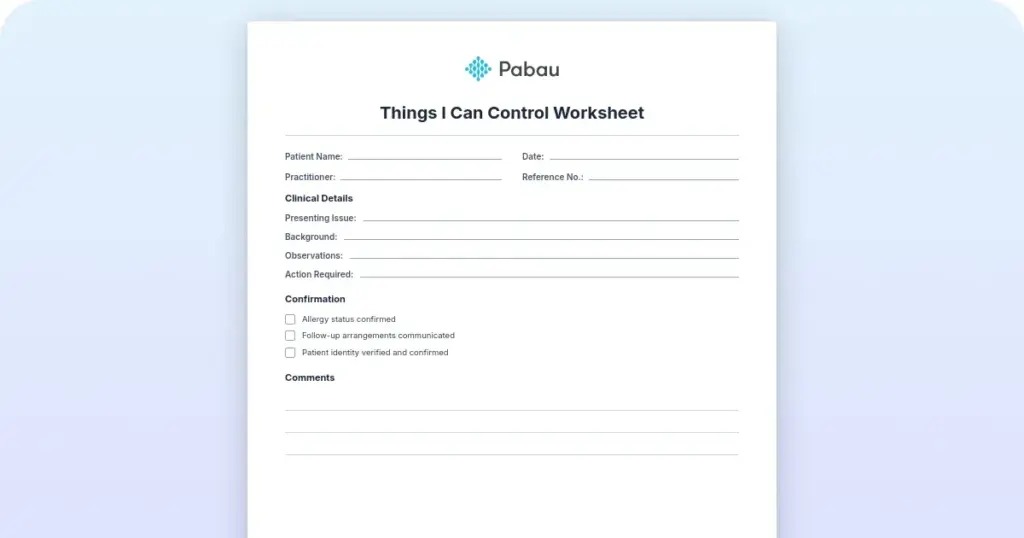 Things I can control worksheet: Free PDF template preview from Pabau