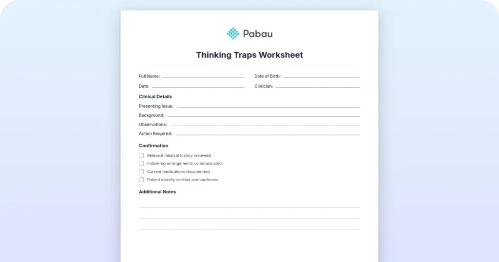 Thinking Traps Worksheet preview from Pabau