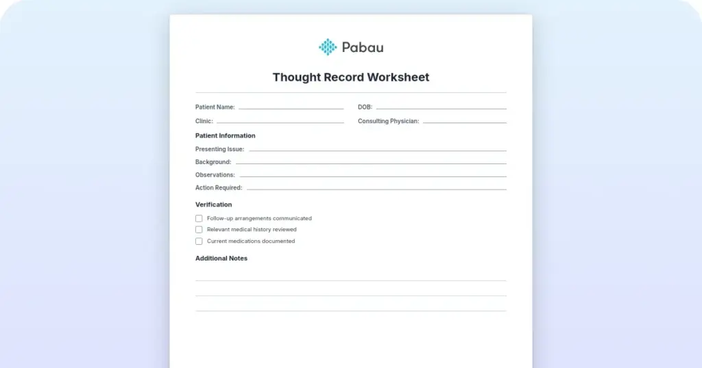 Thought record worksheet preview from Pabau