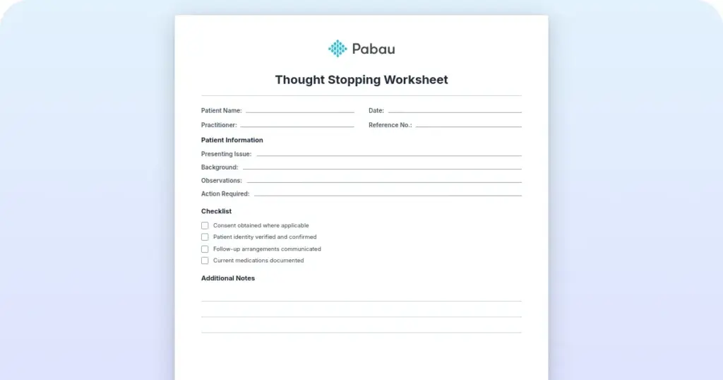 Thought stopping worksheet: Free CBT template for therapists preview from Pabau