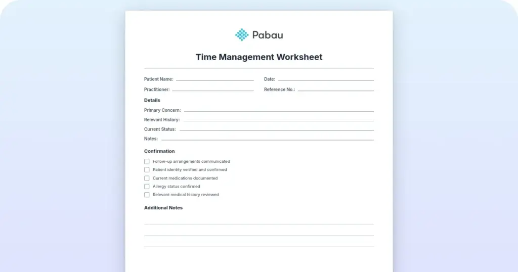 Time management worksheet preview from Pabau