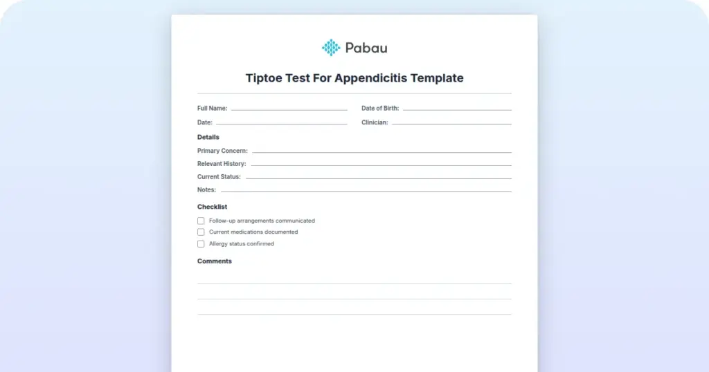 Tiptoe Test For Appendicitis Template preview from Pabau