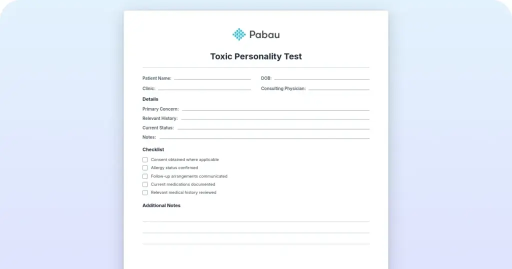 Toxic personality test preview from Pabau