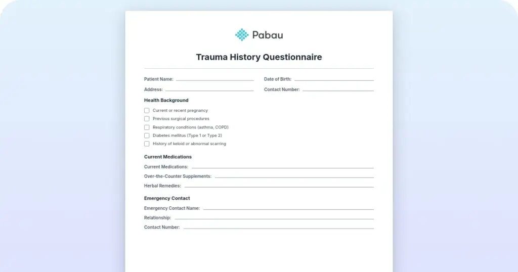 Trauma History Questionnaire (THQ) preview from Pabau