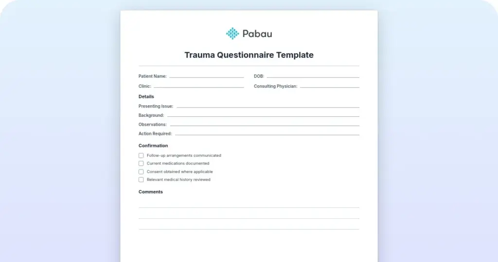 Trauma questionnaire template preview from Pabau