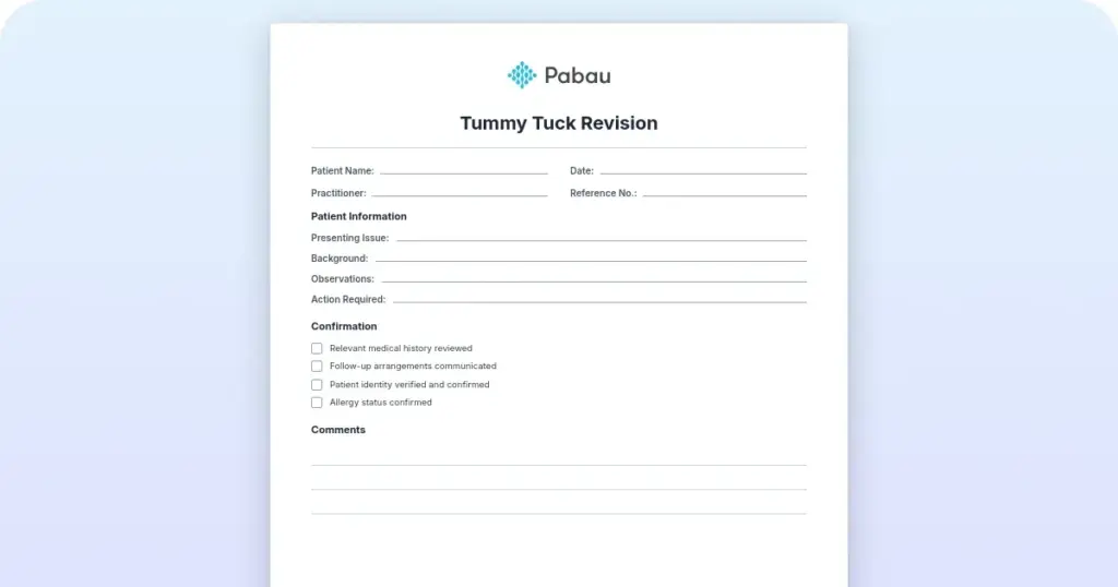 Tummy tuck revision consultation checklist preview from Pabau