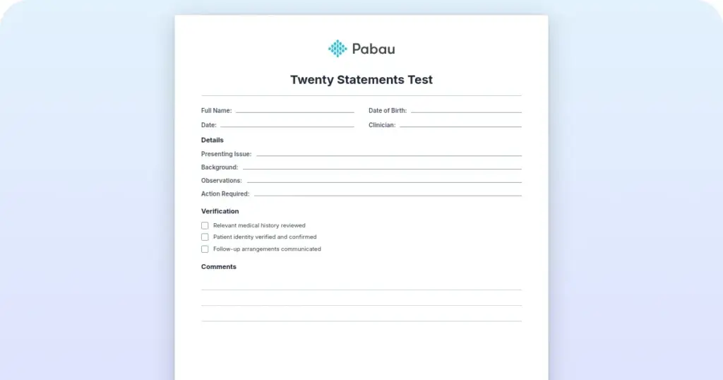 Twenty statements test: Free template preview from Pabau