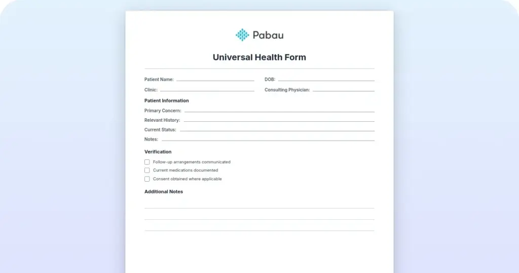 Universal health form template: Free PDF and how to complete it preview from Pabau