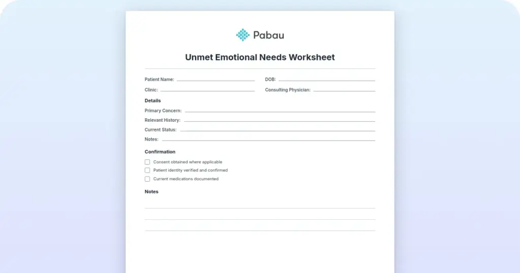 Unmet Emotional Needs Worksheet preview from Pabau