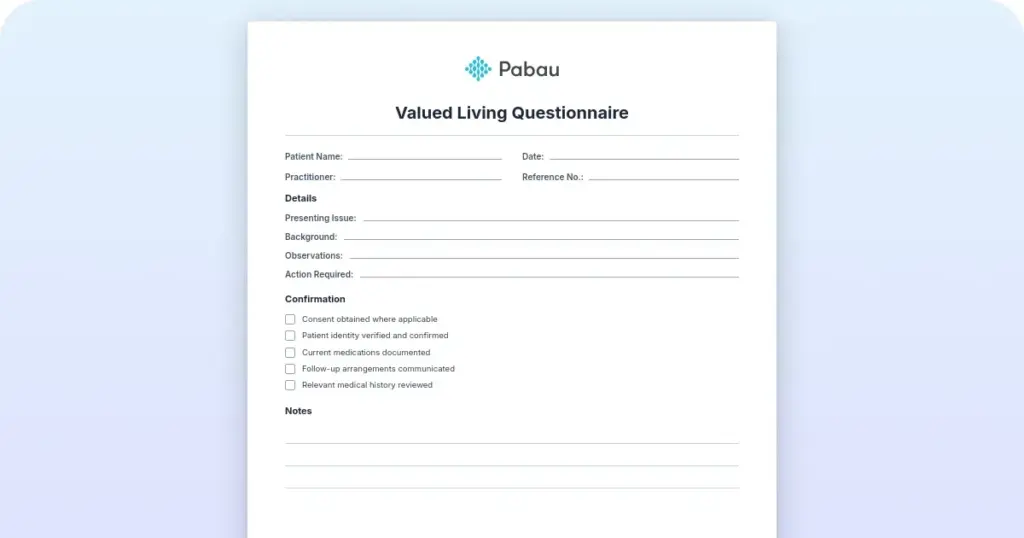 Valued Living Questionnaire (VLQ): Free template preview from Pabau