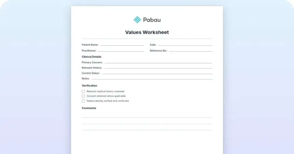 Values worksheet preview from Pabau