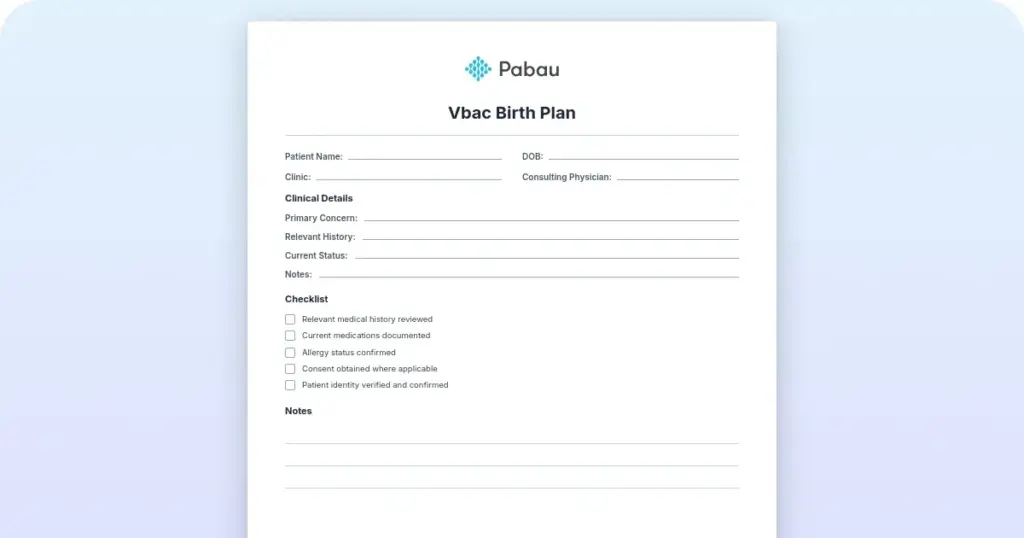 VBAC Birth Plan: Complete Template for Vaginal Birth After Caesarean preview from Pabau