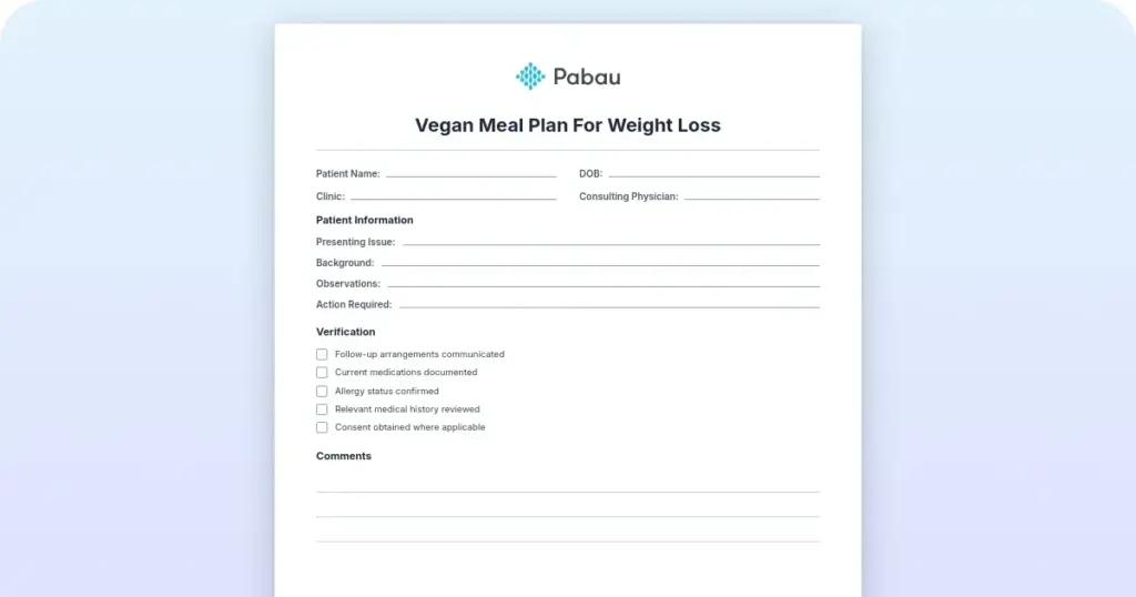 Vegan meal plan for weight loss: Free 7-day PDF template preview from Pabau