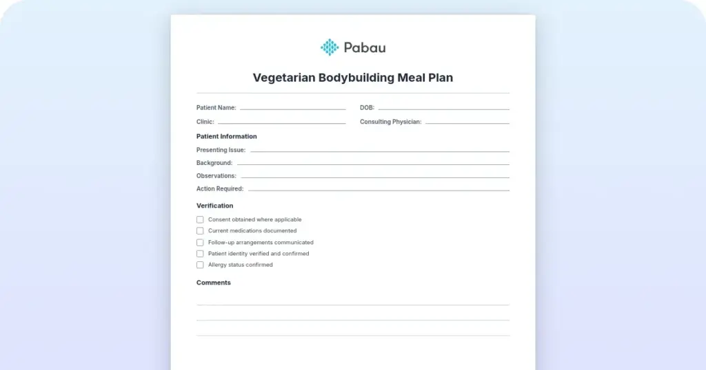 Vegetarian bodybuilding meal plan preview from Pabau