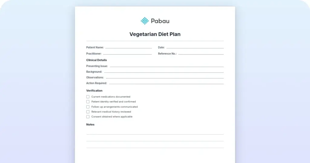 Vegetarian diet plan for clinicians: Free template & nutrition guide preview from Pabau