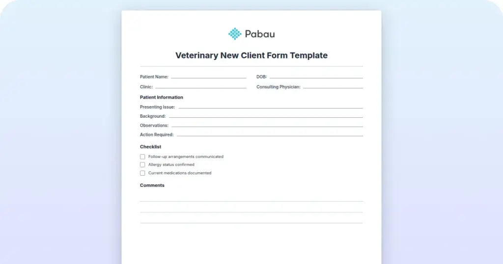 Veterinary New Client Form Template preview from Pabau