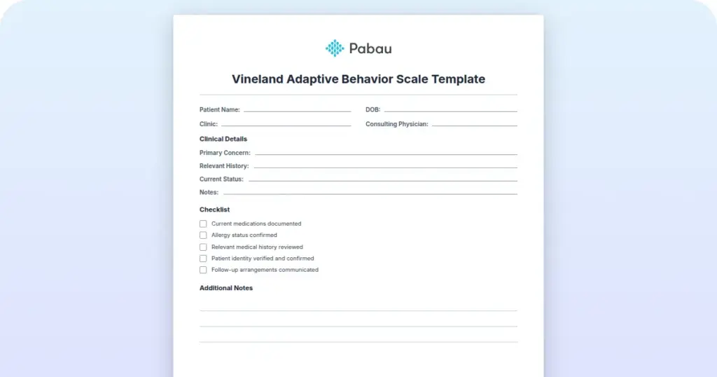 Vineland Adaptive Behavior Scale Template preview from Pabau