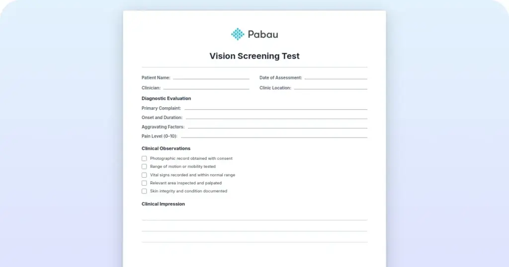 Vision screening test: Free printable form and pass/fail criteria preview from Pabau