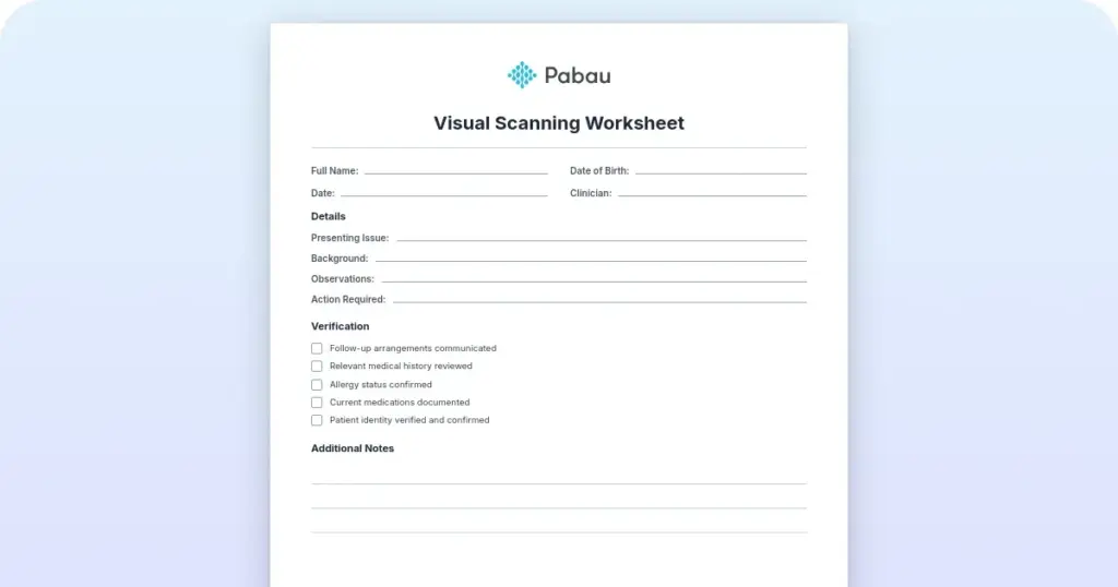 Visual scanning worksheet: Free template and scoring guide preview from Pabau