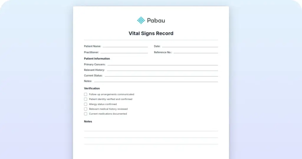 Vital signs record template for practices preview from Pabau