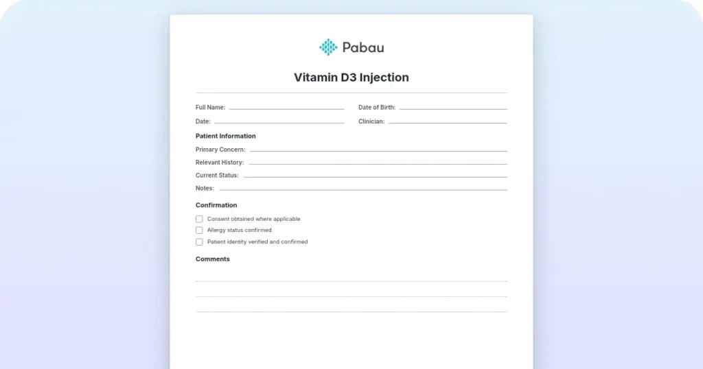 Free vitamin D3 injection consent form, dosage, protocol and aftercare preview from Pabau