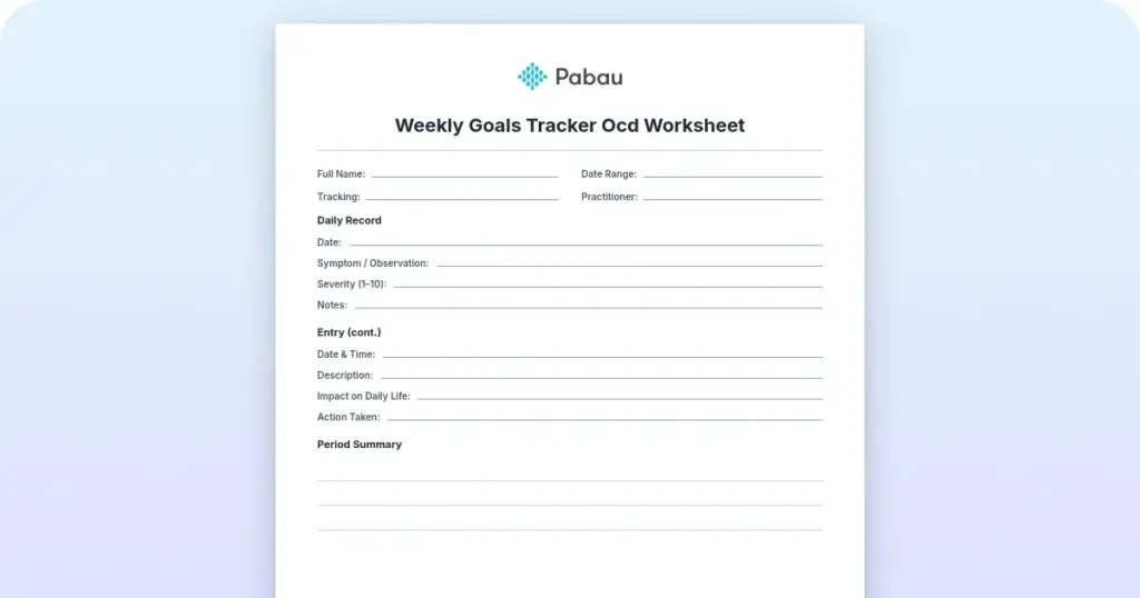 Weekly goals tracker OCD worksheet preview from Pabau