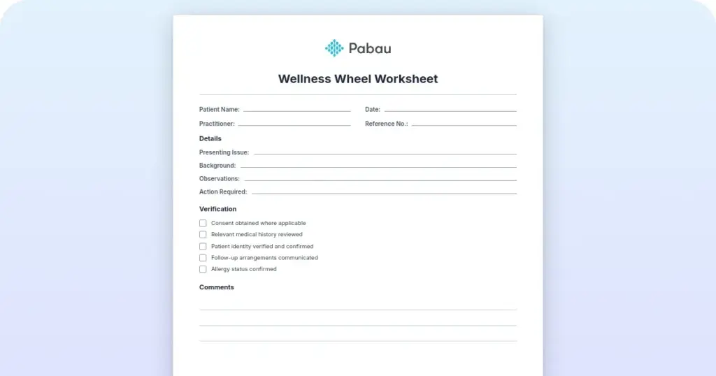 Wellness wheel worksheet: Free printable PDF preview from Pabau