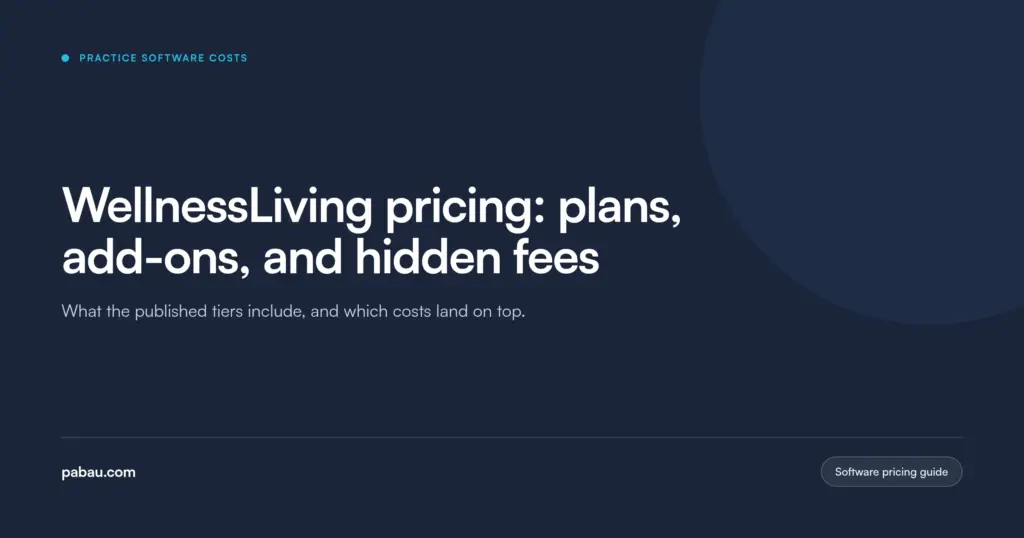Pabau blog card: WellnessLiving pricing, plans, add-ons, and hidden fees