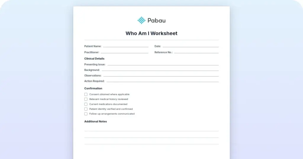 Who am I worksheet: A structured self-reflection tool for therapy preview from Pabau