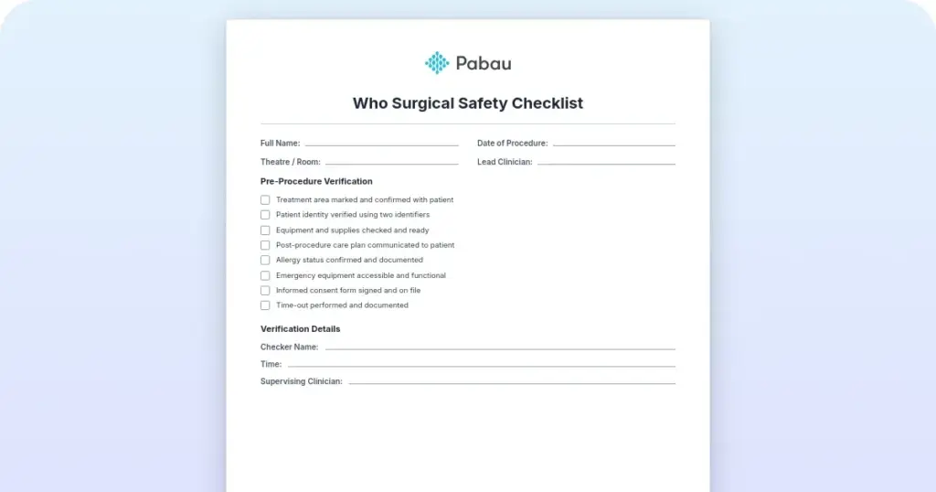 WHO Surgical Safety Checklist: Free PDF template for clinical safety preview from Pabau