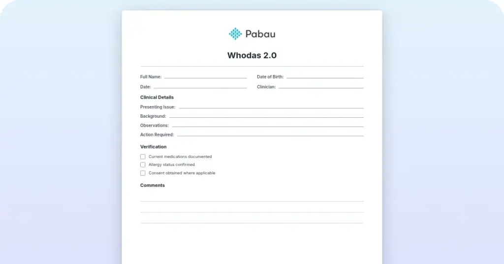 WHODAS 2.0: Free template preview from Pabau