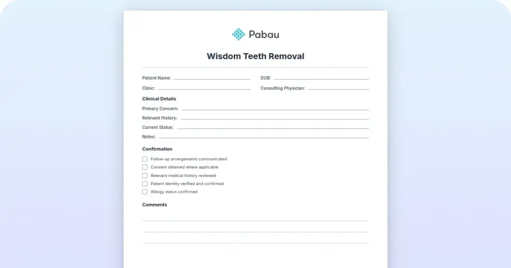 Wisdom teeth removal aftercare template preview from Pabau