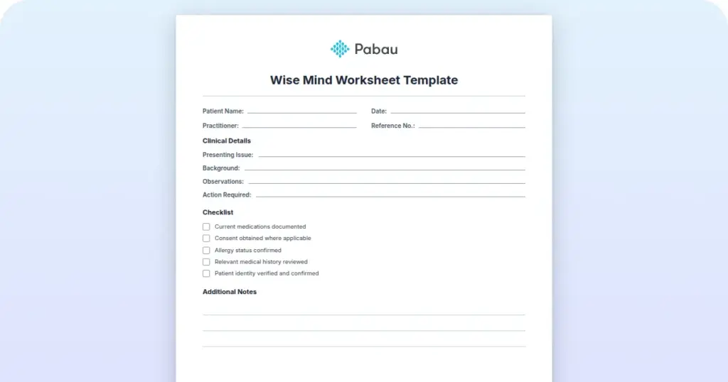 Wise Mind Worksheet Template preview from Pabau