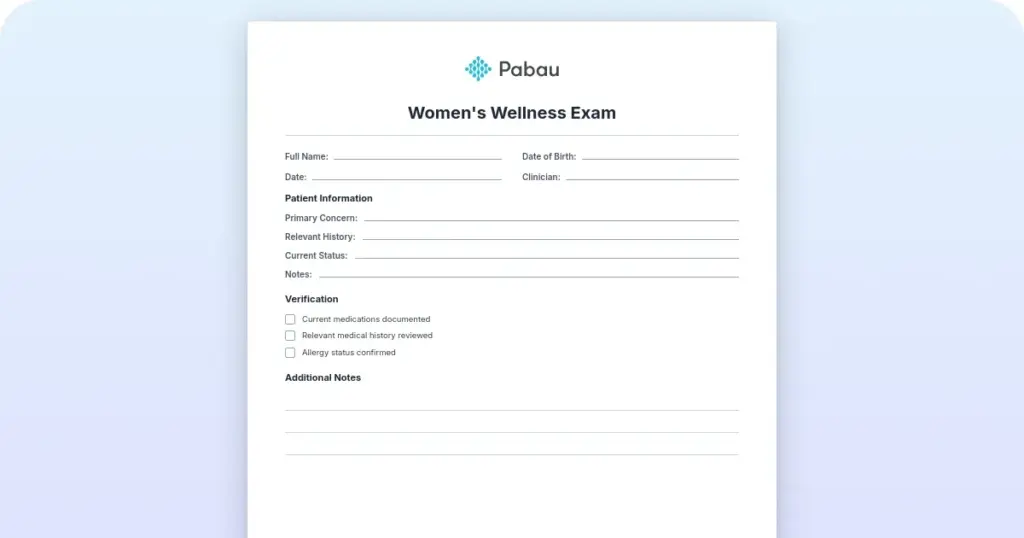Women's wellness exam template preview from Pabau