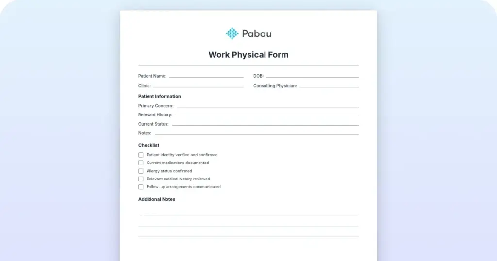 Work physical form template (Free PDF + ADA rules) preview from Pabau
