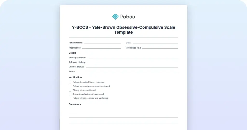 Y-BOCS: Yale-Brown Obsessive-Compulsive Scale Template preview from Pabau