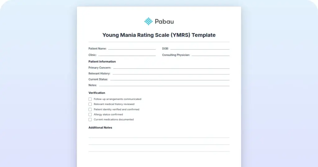Young Mania Rating Scale (YMRS) Template preview from Pabau