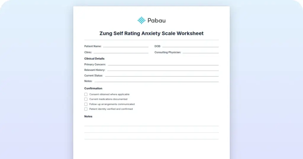 Zung Self Rating Anxiety Scale Worksheet preview from Pabau