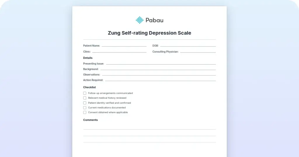 Zung Self-Rating Depression Scale: Free template preview from Pabau