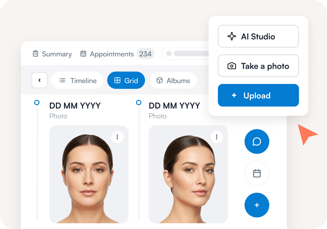 Client card photo grid with AI Studio, Take a photo and Upload options