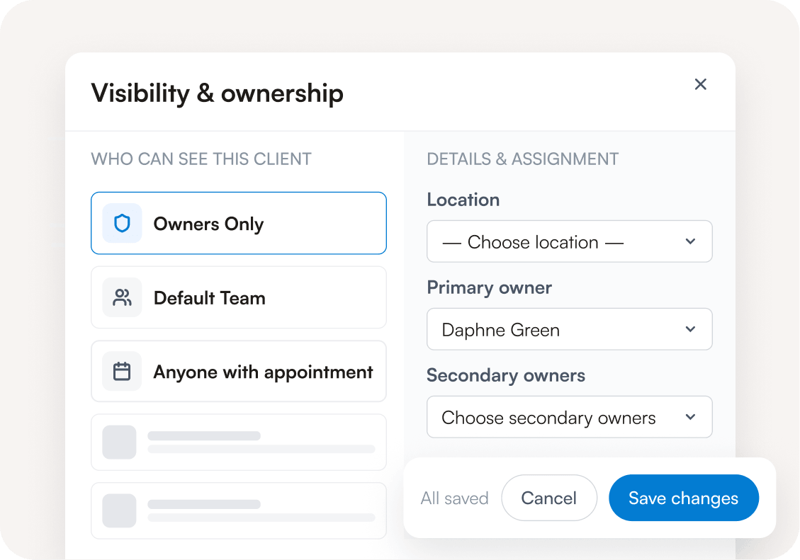 Visibility and ownership settings controlling who can see a client and their photos
