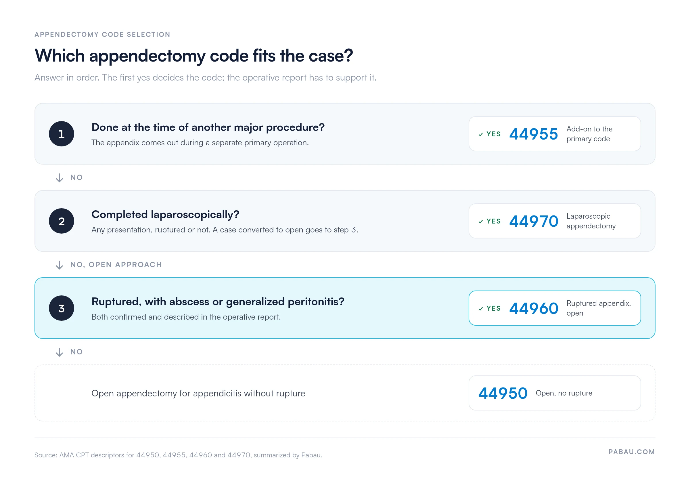 Decision path for appendectomy CPT codes