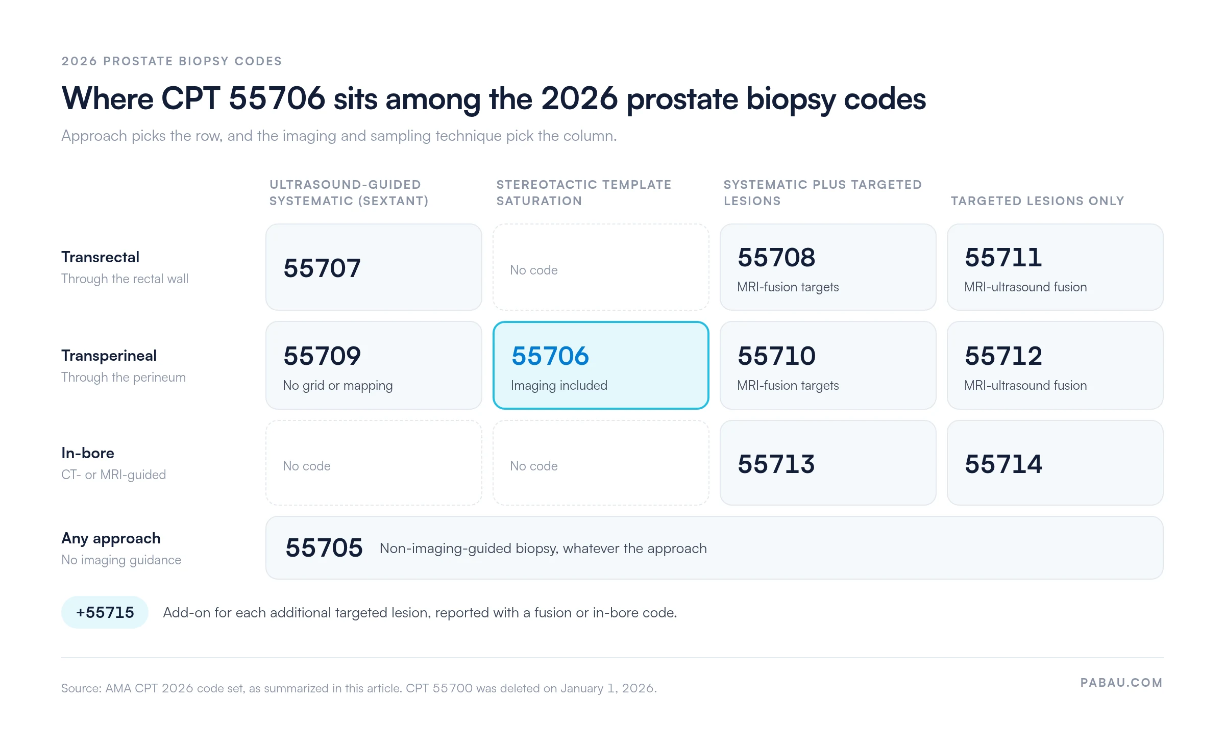 Matrix of 2026 prostate biopsy CPT codes by approach and technique,