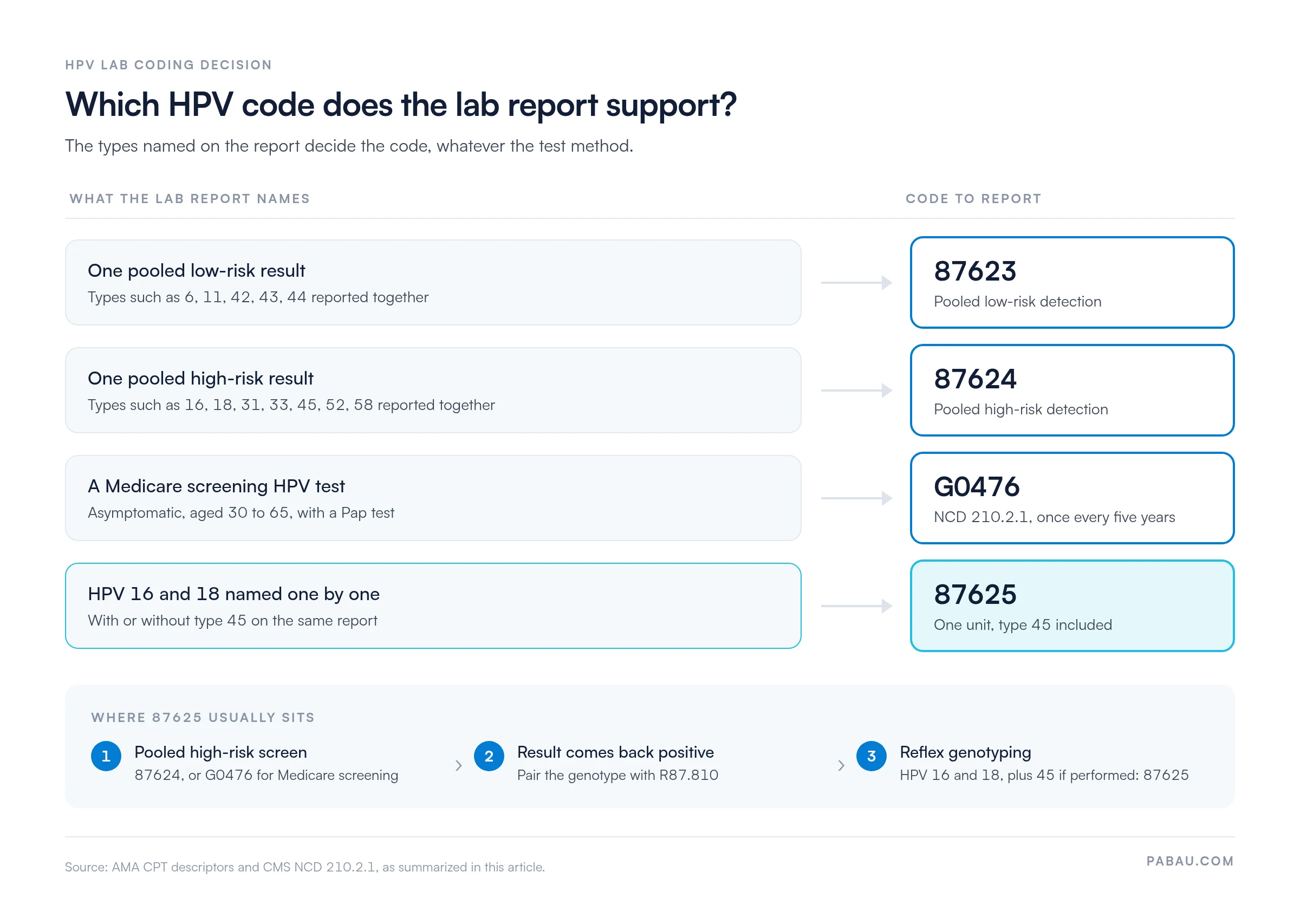 Decision diagram: a pooled low-risk HPV result is CPT 87623, a pooled high-risk result is 87624, a Medicare screening HPV test is G0476 under NCD 210.2.1 once every five years for ages 30 to 65, and HPV 16 and 18 named one by one is one unit of 87625 with type 45 included. Sequence: pooled high-risk screen, positive result paired with R87.810, then reflex genotyping billed as 87625.