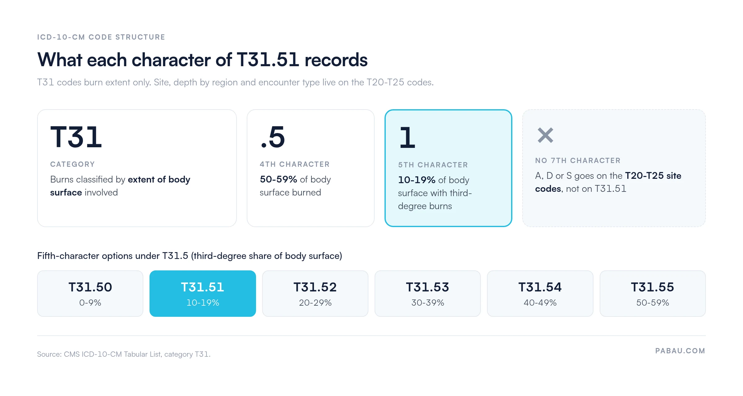 Breakdown of ICD-10-CM code T31.51: T31 is the burn-extent category, 4th character 5 means 50-59% of body surface burned, 5th character 1 means 10-19% third-degree burns, and there is no 7th character. T31.5 fifth-character options: T31.50 0-9%, T31.51 10-19%, T31.52 20-29%, T31.53 30-39%, T31.54 40-49%, T31.55 50-59%.